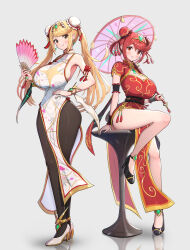 2girls absurdres alternate_breast_size arm_strap black_pantyhose bracelet breasts china_dress chinese_clothes closed_mouth double_bun dress ear_piercing earrings gonzarez hair_bun hand_fan high_heels highres holding holding_fan holding_umbrella huge_breasts jewelry looking_at_viewer multiple_girls mythra_(xenoblade) pantyhose piercing pyra_(xenoblade) sitting sleeveless sleeveless_turtleneck_dress smile standing teeth turtleneck umbrella xenoblade_chronicles_(series) xenoblade_chronicles_1 xenoblade_chronicles_2