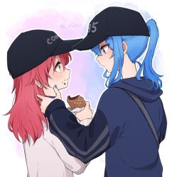 Rule 34 | 2girls, bag, baseball cap, black hat, blue eyes, blue hair, blue jacket, blue nails, closed mouth, earrings, eye contact, food, food on face, green eyes, grey shirt, hat, highres, hololive, hoshimachi suisei, jacket, jewelry, long hair, long sleeves, looking at another, multiple girls, open mouth, ponytail, purple background, red hair, sakura miko, shirt, shoulder bag, stud earrings, tsubudashi, twitter username, upper body, virtual youtuber, white background, yuri