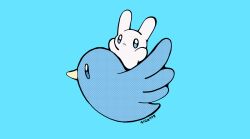 Rule 34 | animal focus, arms up, artist name, bird, blue background, blue eyes, closed mouth, commentary, full body, gigm777, highres, no humans, original, rabbit, simple background, symbol-only commentary, twitter, twitter bird, white rabbit (animal)
