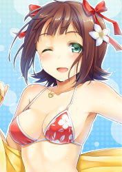 Rule 34 | 1girl, ;d, amami haruka, bikini, blush, breasts, brown hair, collarbone, courreges ace, female focus, floral print, flower, green eyes, hair flower, hair ornament, hair ribbon, heart, heart necklace, idolmaster, idolmaster (classic), jewelry, long hair, necklace, one eye closed, open mouth, outline, red bikini, ribbon, short hair, smile, solo, string bikini, swimsuit, upper body, wet, wink