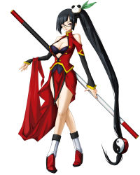 Rule 34 | 1girl, arc system works, asymmetrical hair, black hair, blazblue, blazblue: calamity trigger, blue bra, blunt bangs, boots, bra, breasts, china dress, chinese clothes, cleavage, cleavage cutout, clothes lift, clothing cutout, dress, dress lift, full body, glasses, hair ornament, lao jiu, large breasts, lingerie, lipstick, litchi faye ling, loincloth, long hair, makeup, mori toshimichi, official art, panda, ponytail, purple eyes, side ponytail, simple background, sitting, smile, solo, staff, standing, turtleneck, underwear, very long hair, weapon, yin yang
