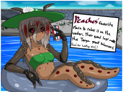 Rule 34 | absurdres, antennae, arthropod girl, breasts, claws, cpt.tester works, drink, floating, floating object, hat, highres, looking away, monster girl, peaches (cpt.tester), petite, poolside, red eyes, shell, small breasts, smile, speech bubble, strapless, swimming, swimsuit, tattoo, tube top, water