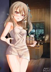 Rule 34 | 1girl, bath, blonde hair, blush, breasts, brown eyes, cameltoe, cleavage, collarbone, girls und panzer, hair ornament, hair ribbon, highres, impossible clothes, impossible towel, indoors, long hair, looking at viewer, megadeko, naked towel, open mouth, ribbon, shimada arisu, shiny skin, small breasts, smile, solo, standing, towel