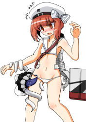 Rule 34 | 10s, 1girl, ^^^, abyssal ship, bikini, blush, brown eyes, brown hair, commentary request, enemy naval mine (kancolle), flat chest, groin, harukatron, hat, highres, kantai collection, machinery, navel, sailor bikini, sailor collar, sailor hat, short hair, side-tie bikini bottom, simple background, solo, sweat, swimsuit, tentacles, white background, white bikini, white hat, z3 max schultz (kancolle)