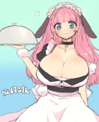 Rule 34 | 1girl, apron, aqua background, ariesuzu (ariessz), arm behind back, azur lane, bad id, bad pixiv id, black choker, blue background, blue eyes, blunt bangs, breasts, character name, choker, cleavage, closed mouth, gradient background, heart, holding, huge breasts, key, long hair, looking at viewer, maid, maid headdress, pink hair, pom pom (clothes), puffy short sleeves, puffy sleeves, short sleeves, smile, solo, suffolk (azur lane), tareme, two-tone background, waist apron, white apron