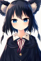 Rule 34 | 1girl, animal ears, black hair, blue eyes, cape, cat ears, choker, commentary request, hair tubes, highres, looking at viewer, original, satou (3366 s), school uniform, short hair, simple background, solo, white background