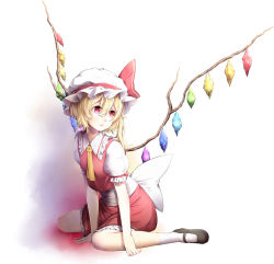 Rule 34 | 1girl, ascot, blonde hair, bow, dress, flandre scarlet, hat, hat bow, lauqe, mob cap, open mouth, puffy short sleeves, puffy sleeves, red dress, red eyes, sash, shirt, short sleeves, side ponytail, sitting, solo, touhou, wariza, wings