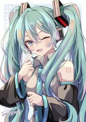 Rule 34 | 1girl, :d, bare shoulders, black sleeves, blue eyes, blue hair, blue nails, blue necktie, blush, border, collared shirt, detached sleeves, dot nose, fang, frilled shirt, frills, grey shirt, hair between eyes, hair ornament, hatsune miku, headset, highres, long hair, long sleeves, looking at viewer, microphone, naguno-0713, nail polish, necktie, number tattoo, one eye closed, open mouth, polka dot, polka dot background, shirt, sidelocks, signature, simple background, sleeveless, sleeveless shirt, smile, solo, tattoo, tie clip, twintails, upper body, v-shaped eyebrows, vocaloid, white border, wing collar