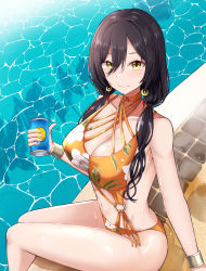 Rule 34 | 1girl, absurdres, bare shoulders, black hair, blush, breasts, can, cleavage, collarbone, commentary request, deen (hnxp8555), hair between eyes, highres, holding, holding can, idolmaster, idolmaster shiny colors, large breasts, looking at viewer, navel, o-ring, o-ring swimsuit, one-piece swimsuit, orange one-piece swimsuit, pool, poolside, shirase sakuya, sitting, solo, swimsuit, water, yellow eyes