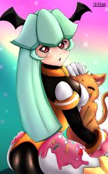 Rule 34 | 1girl, alternate costume, armor, ass, bodysuit, breasts, cat, fang, from behind, green hair, halloween, halloween costume, head wings, highres, long hair, looking at viewer, mega man x (series), mega man x dive, mega man zx, open mouth, pandora (mega man), red eyes, robarts hallway, shiny clothes, sideboob, thighhighs, very long hair, wings