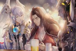 Rule 34 | 3boys, alcohol, beer, brown hair, cape, colored skin, cup, dunban (xenoblade), egil (xenoblade), grey hair, grey skin, head wings, highres, holding, holding cup, jewelry, kallian antiqua, multiple boys, red vest, ring, trait connection, ui frara, vest, wings, xenoblade chronicles (series), xenoblade chronicles 1