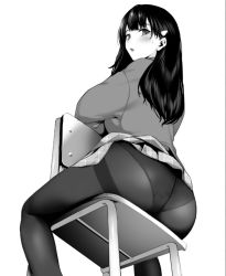Rule 34 | 1girl, ass, black hair, blush, chair, dutch angle, greyscale, long hair, long sleeves, looking at viewer, looking back, monochrome, on chair, open mouth, original, panties, panties under pantyhose, pantyhose, plaid, plaid skirt, pleated skirt, school uniform, simple background, sitting, skirt, solo, sweatdrop, thighband pantyhose, toro tarou, underwear, white background