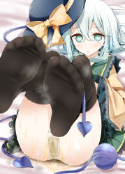 Rule 34 | 1girl, ass, bad id, bad pixiv id, bed, bedwetting, black thighhighs, bow, feet, foot focus, green eyes, hat, hat bow, heart, heart-shaped pupils, komeiji koishi, legs up, lying, no shoes, on back, oouso, panties, pantyshot, pee, peeing, peeing self, pleated skirt, purposeful wetting, shirt, silver hair, skirt, smell, soles, solo, sweat, symbol-shaped pupils, thighhighs, third eye, toes, touhou, underwear, upskirt, wet, wet clothes, wet panties, white panties