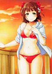 Rule 34 | 1girl, absurdres, amami haruka, bikini, breasts, brown hair, cleavage, courreges ace, evening, floral print, flower, green eyes, hair flower, hair ornament, heart, heart necklace, highres, idolmaster, idolmaster (classic), jacket, jacket over swimsuit, jewelry, looking at viewer, medium breasts, navel, necklace, railing, red bikini, scan, short hair, smile, solo, swimsuit