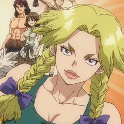 Rule 34 | blonde hair, braid, dr. stone, dress, green dress, hanada nikki, lips, looking at viewer, muscular, muscular female, non-web source, parted bangs, thick lips, twin braids
