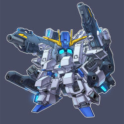 armor beam_rifle blue_eyes chibi double_beam_cannon energy_gun fazz_(gundam) full_armor full_armor_zz_gundam glowing glowing_eye grey_background gun gundam gundam_sentinel gundam_zz mecha mobile_suit no_humans redesign robot sd_gundam shoulder_cannon susagane v-fin weapon zz_gundam