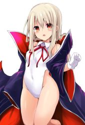 Rule 34 | 1girl, bb (fate), bb (fate) (all), bb (swimsuit mooncancer) (fate), bb (swimsuit mooncancer) (fate) (cosplay), bb (swimsuit mooncancer) (third ascension) (fate), blonde hair, blush, breasts, cloak, commentary request, cosplay, covered navel, eyes visible through hair, fate (series), gloves, hair between eyes, illyasviel von einzbern, leotard, looking at viewer, open mouth, sen (astronomy), small breasts, solo, white gloves, white leotard, wide sleeves