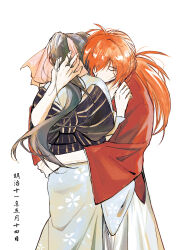 1boy 1girl arm_around_waist black_hair closed_eyes couple floral_print floral_print_kimono geolu hair_over_one_eye hair_ribbon hand_in_another&#039;s_hair hand_on_another&#039;s_shoulder hetero highres himura_kenshin japanese_clothes kamiya_kaoru kimono long_hair long_sleeves low_ponytail obi orange_hair pink_ribbon ponytail print_kimono red_shirt ribbon rurouni_kenshin sash shirt upper_body white_background wide_sleeves