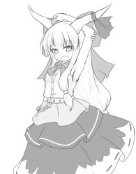 Rule 34 | 1girl, :d, armpits, arms behind head, arms up, blush, bow, breasts, chain, fang, ganmaganmo, greyscale, hair bow, hair ribbon, horn bow, horns, ibuki suika, large bow, long hair, looking at viewer, monochrome, oni, oni horns, open mouth, ribbon, shirt, sketch, skirt, sleeveless, sleeveless shirt, slit pupils, small breasts, smile, solo, touhou, tsurime, very long hair