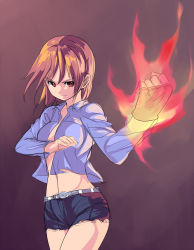 Rule 34 | 1girl, belt, breasts, brown eyes, brown hair, cutoffs, denim, denim shorts, fighting stance, fingerless gloves, fire, flaming hand, gloves, medium breasts, midriff, navel, open clothes, open shirt, original, saiste, shirt, short hair, short shorts, shorts, sketch, solo