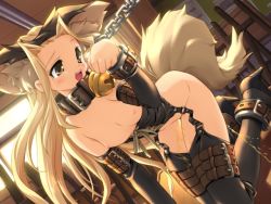 Rule 34 | 1girl, animal ears, anklet, bdsm, bell, belt, blonde hair, blush, bondage, bound, breasts, buckle, cat ears, cat tail, chain, collar, corset, fake animal ears, high heels, jewelry, looking to the side, nipples, paw pose, peeing, pet play, shoes, solo, strap, suspenders, tail, thighhighs