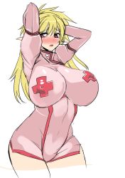 Rule 34 | 1girl, arms behind head, arms up, ashling (no-plan), bad id, bad twitter id, blonde hair, blush, breasts, cleavage cutout, clothing cutout, curvy, covered erect nipples, highres, huge breasts, impossible clothes, long hair, looking at viewer, open mouth, purple eyes, red eyes, solo, standing, wide hips