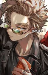 Rule 34 | 1boy, accessories, adjusting hair, artist name, black jacket, black shirt, blonde hair, blurry, blurry background, boku no hero academia, chain, collarbone, earrings, facial hair, forehead, glasses, goatee, hawks (boku no hero academia), holding, holding phone, jacket, jewelry, kadeart, male focus, parted lips, phone, reflection, ringlets, shirt, short hair, solo, spiked hair, stubble, thick eyebrows, upper body, watch, wings, wristwatch, yellow eyes