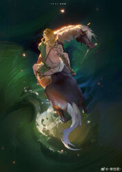 Rule 34 | 1boy, absurdres, archaic set (zelda), arm tattoo, blonde hair, chinese commentary, commentary request, fairy, from above, from behind, glowing, grass, highres, horse, horseback riding, link, nintendo, riding, single bare shoulder, tattoo, the legend of zelda, the legend of zelda: breath of the wild, toga, watermark, weibo logo, weibo watermark, zm-panda-