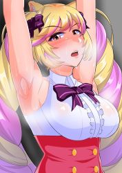 Rule 34 | 1girl, animal ears, armpits, arms up, black bow, black bowtie, blonde hair, blush, bow, bowtie, breasts, cat ears, hair ornament, hair ribbon, highres, large breasts, long hair, looking at viewer, mashima himeko (show by rock!!), multicolored hair, open mouth, pink hair, red eyes, ribbon, show by rock!!, solo, twintails, upper body