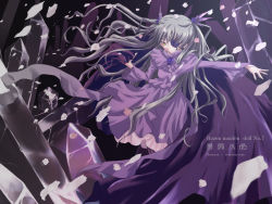 Rule 34 | 00s, 1girl, barasuishou, brown eyes, cape, collar, copyright name, crystal, dress, expressionless, flower eyepatch, long hair, long sleeves, looking at viewer, outstretched arm, purple dress, rozen maiden, shatter, silver hair, solo, very long hair, wallpaper