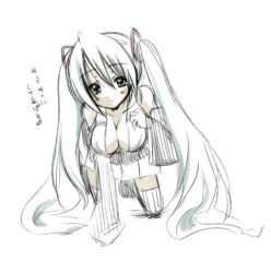 Rule 34 | 1girl, black thighhighs, blouse, breasts, cleavage, collared shirt, hair between eyes, hatsune miku, long hair, open clothes, open shirt, shirt, sleeveless, sleeveless shirt, solo, thighhighs, translation request, twintails, very long hair, vocaloid, white background, yusya