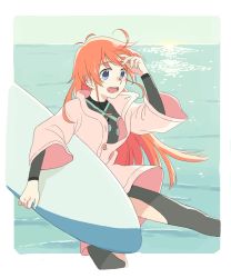 Rule 34 | 1girl, :d, absurdres, ahoge, antenna hair, blue eyes, blush stickers, bodysuit, buttons, coat, day, eyebrows, fingernails, flip flappers, hand on own forehead, highres, long hair, long sleeves, looking afar, ocean, open mouth, orange hair, outdoors, outside border, papika (flip flappers), rou tiao, smile, solo, sunlight, surfboard, tareme, teeth, very long hair, water