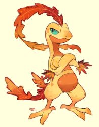 Rule 34 | alternate color, alternate shiny pokemon, autumn leaves, closed mouth, creatures (company), crossed arms, game freak, gen 3 pokemon, nintendo, no humans, pokemon, pokemon (creature), sceptile, signature, simple background, smile, standing, sui (suizilla), yellow background