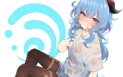 Rule 34 | 1girl, arm support, black pantyhose, blue hair, blush, breasts, embarrassed, ganyu (genshin impact), genshin impact, hand on own chest, highres, horns, long hair, looking at viewer, low ponytail, medium breasts, nigo (aozoragarou), nose blush, paid reward available, pantyhose, purple eyes, see-through, shirt, sitting, smile, solo, thighlet, thighs, wet, wet clothes, white background, white shirt