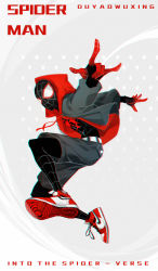Rule 34 | 1boy, air jordan, air jordan 1, bodysuit, chromatic aberration, copyright name, dywx poison, full body, highres, hood, hoodie, jumping, m/, male focus, marvel, mask, miles morales, nike (company), open clothes, open hoodie, shoes, shorts, sneakers, solo, spider-man: into the spider-verse, spider-man (series), spider-verse, spider web print, superhero