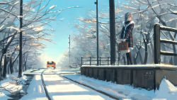 Rule 34 | 1girl, animal, bag, bird, black socks, blue eyes, blue sky, brown coat, brown hair, clannad, coat, commentary request, hairband, highres, holding, holding bag, kneehighs, long hair, looking to the side, making-of available, outdoors, railroad tracks, sakagami tomoyo, scenery, sky, snow, socks, solo, standing, train, tree, wide shot, winter clothes, xiaobanbei milk