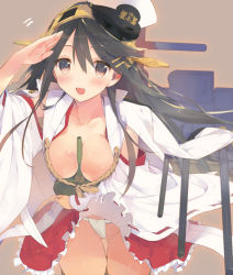 Rule 34 | 10s, 1girl, :d, bad id, bad pixiv id, between breasts, black hair, blush, breasts, brown eyes, cannon, cleavage, detached sleeves, frilled skirt, frills, hairband, haruna (kancolle), hat, jacket, japanese clothes, kantai collection, long hair, miko, military hat, military jacket, open clothes, open mouth, panties, pantyshot, peaked cap, personification, ribbon-trimmed sleeves, ribbon trim, salute, skirt, smile, solo, tsunekawa niwasuke, turret, underwear, upskirt, white panties