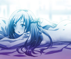 Rule 34 | 1girl, :o, ass, bed sheet, braid, breasts, dokidoki! precure, half updo, highres, hishikawa rikka, kazuma muramasa, long hair, looking at viewer, lying, monochrome, nude, on bed, on stomach, open mouth, precure, solo