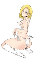 Rule 34 | 1girl, absurdres, android 18, artist name, ass, bare shoulders, blonde hair, blue eyes, blush, breasts, commentary request, dragon ball, dragonball z, full body, highleg, highleg panties, highres, large breasts, looking at viewer, looking back, panties, relaxjon, short hair, signature, simple background, sitting, sleeveless, socks, solo, sweat, sweatdrop, thighs, underwear, wariza, white background, white panties, white socks