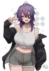 Rule 34 | 1girl, :d, alternate costume, bare shoulders, black jacket, breasts, collarbone, cowboy shot, dolphin shorts, eyepatch, hair between eyes, hand up, highres, jacket, kantai collection, large breasts, long sleeves, looking at viewer, medium hair, midriff, mizoredama1, navel, off shoulder, open mouth, purple hair, shorts, signature, simple background, smile, solo, tank top, teeth, tenryuu (kancolle), upper teeth only, v, w, white tank top, yellow eyes