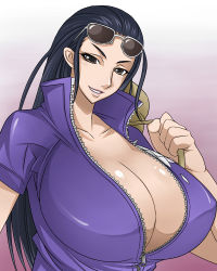 Rule 34 | 1girl, black hair, blue eyes, breasts, brown eyes, cleavage, huge breasts, long hair, nico robin, one piece, open clothes, open shirt, otogi tetsurou, shirt, solo