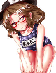 Rule 34 | 1girl, blush, bow, brown eyes, brown hair, glasses, hat, hat bow, highres, looking at viewer, one-piece swimsuit, red-framed eyewear, school swimsuit, seiza, simple background, sitting, solo, swimsuit, touhou, usami sumireko, v arms, zan (harukahime)