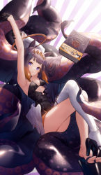 Rule 34 | 1girl, absurdres, armpits, arms up, bare arms, black dress, black footwear, book, breasts, clothing cutout, crossed legs, detached sleeves, dress, halo, highres, hololive, hololive english, kerno, long hair, low wings, ninomae ina&#039;nis, ninomae ina&#039;nis (1st costume), platform clogs, platform footwear, purple eyes, purple hair, single sleeve, single thighhigh, small breasts, smile, solo, strapless, strapless dress, tentacle hair, tentacles, thighhighs, toes, virtual youtuber, white thighhighs, white wings, wings