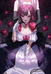 Rule 34 | 2girls, absurdres, apple, bare shoulders, black gloves, black hair, blush, bow, breasts, chigusa minori, choker, cleavage, collarbone, dress, elbow gloves, food, fruit, gloves, hair bow, hair ornament, hand on another&#039;s cheek, hand on another&#039;s face, highres, holding, holding food, holding fruit, large breasts, long hair, looking at viewer, multicolored hair, multiple girls, open mouth, pink hair, purple eyes, saotome shino (shino to ren), shino to ren, shirayuki ren, short hair, smile, snow white, solo focus, thorns, two-tone hair, white gloves, white hair