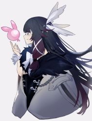 Rule 34 | 1girl, aiguillette, black hair, blindfold, bow, bowtie, cape, closed eyes, closed mouth, columbina (genshin impact), floating, from side, fur trim, genshin impact, grey cape, hair ribbon, hairband, head wings, highres, long hair, merry-san, pink hair, ribbon, seelie (genshin impact), smile, solo, upper body, very long hair, white bow, white bowtie, white hairband, white ribbon, wings