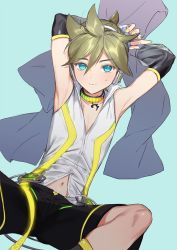 Rule 34 | 1boy, armpits, bass clef, blonde hair, blue eyes, collar, detached sleeves, headphones, kagamine len, leg warmers, looking at viewer, male focus, naoko (naonocoto), navel, shorts, solo, vocaloid
