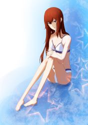 Rule 34 | 1girl, absurdres, barefoot, bikini, blue eyes, breasts, cleavage, collarbone, front zipper swimsuit, full body, hair between eyes, hair over shoulder, hands on own knees, highres, long hair, looking at viewer, makise kurisu, meme attire, one-piece swimsuit, open mouth, red hair, sitting, small breasts, solo, steins;gate, straight hair, swimsuit, tayutau0a0, very long hair, wet, wet hair, white bikini