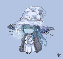 Rule 34 | 1girl, angry, blue background, blue eyes, blue hair, blue skin, cloak, colored skin, dress, elden ring, extra arms, extra faces, full body, fur cloak, hat, large hat, long hair, long sleeves, looking at viewer, m xy, miniature ranni, one eye closed, ranni the witch, signature, simple background, solo, squiggle, very long hair, white dress, witch hat