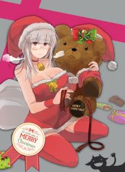 Rule 34 | 1girl, bell, blush, bracer, breasts, choker, christmas, cleavage, collarbone, dress, flying sweatdrops, fur trim, gift, glasses, hat, heidimarie w. schnaufer, highres, ika (hinatu1992), large breasts, long hair, merry christmas, miyafuji yoshika, neck bell, red dress, red eyes, red thighhighs, santa costume, santa hat, short dress, silhouette demon, silver hair, sitting, smile, solo, strapless, strapless dress, strike witches, stuffed animal, stuffed toy, teddy bear, thighhighs, world witches series, wreath