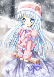 Rule 34 | 1girl, :o, animal hat, blue bow, blue eyes, blue hair, blue ribbon, blush, bow, breath, cat hat, cold, commentary request, dress, frilled jacket, frills, fur-trimmed headwear, fur-trimmed jacket, fur trim, hat, holding, jacket, juliet sleeves, little match girl, long hair, long sleeves, matches, original, outdoors, oversized object, parted lips, pink hat, pink jacket, pom pom (cheerleading), puffy sleeves, purple bow, purple dress, ribbon, shihou haru, snow, snowflakes, snowing, solo, v arms, very long hair